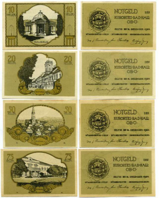 Австрия, Бад-Халль набор из 4 банкнот 10, 20, 50, 75  геллеров 1920 31 декабря 1920, нотгельд, земля Верхняя Австрия   бумага  UNC (пресс) 7555-22-1-2