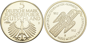 Германия медаль 2006 5 марок 1952 года, 100 лет Германскому музею в Нюрнберге медно-никель PROOF 01-083-45