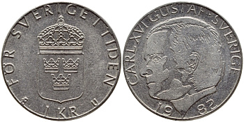 Швеция 1 крона 1982 Карл XVI Густав (1973- ) KM 852a медно-никель 4397-1044