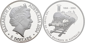 Австралия 5 долларов 2004 150 лет железным дорогам Австралии, в оригинальной коробке с сертификатом KM 730 серебро   PROOF 3-4-11-06
