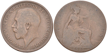 Великобритания 1/2 пенни 1915 Георг V (1910-1936) KM 825, Spink 4061 бронза 4128-137