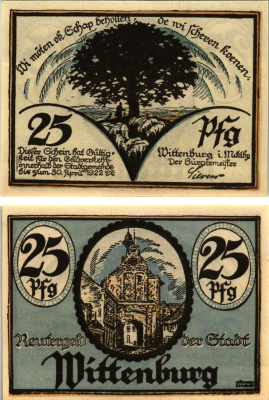 ВИТТЕНБЕРГ 25 ПФЕННИГОВ 1922 НОТГЕЛЬД, МАЙ 1922 - 30 АПРЕЛЯ 1922, ЗЕМЛЯ САКСОНИЯ-АНХАЛЬТ Grabowski 1445.1 бумага 8608-10-2-2