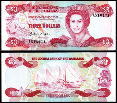 Багамский Острова 3 долларa 1974 (1984) Елизавета II (1952-2022), парусные лодки Pick 44 бумага UNC (пресс) 7201-11-2