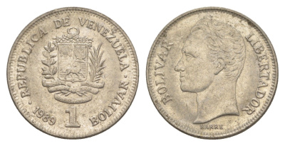 Венесуэла 1 боливар 1989 Симон Боливар, тонкий шрифт Y 52a.1 сталь плакированная никелем 4589-954