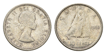 Канада 10 центов 1958 Елизавета II (1952-2022), парусник KM 51 серебро 99-768