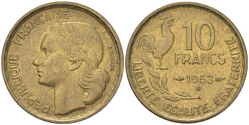 Франция 10 франков 1953 петух KM 915 алюминиевая бронза aUNC 4613-857