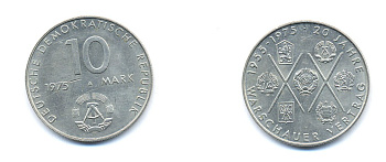 ГДР 10 марок 1975 А, 20 лет Варшавскому договору KM 58, J. 1557 медно-никель 3333-111