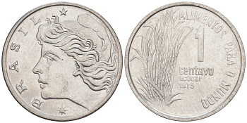 Бразилия 1 сентаво 1975 FAO, сахарный тростник KM 585 нержавеющая сталь 187-526