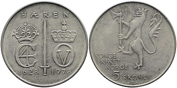 Норвегия 5 крон 1978 350 лет Норвежской армии KM 423 медно-никель 4389-335