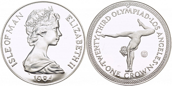 Остров Мэн 1 крона 1984 XXIII летние Олимпийские игры в Лос-Анджелесе 1984 года, художественная гимнастика КМ 119a серебро PROOF 1078-10-62