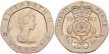 Великобритания 20 пенсов 1982 Елизавета II (1952-2022) KM 931, Spink 4230 (G1) медно-никель 4116-921