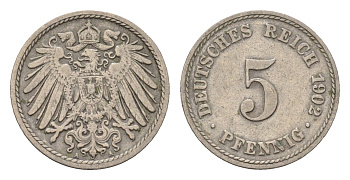 Германия 5 пфеннигов 1902 A, Вильгельм II (1888-1918) KM 11, J. 12 медно-никель 4632-1233