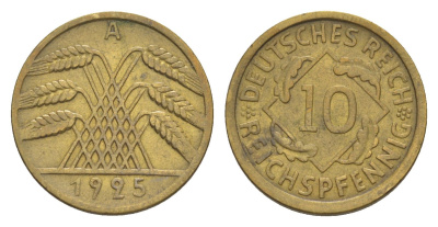 Германия 10 рейхспфеннигов 1925 A KM 40, J. 317 алюминиевая бронза 4640-357