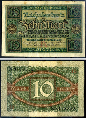 Германия 10 марок 1920 буква K, серия X, номер семизначный Pick 67a, Rosenberg 63а бумага 8617-29-2-2