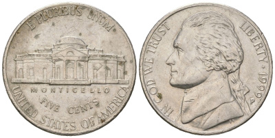 США 5 центов 1999 P, Томас Джефферсон KM A192 медно-никель aUNC 216-557