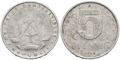 ГДР 5 ПФЕННИГОВ 1968 А KM 9.1 алюминий 75-1157