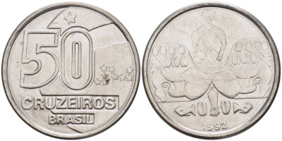 Бразилия 50 крузейро 1992 KM 620.2 нержавеющая сталь 4364-2112