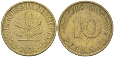ФРГ 10 ПФЕННИГОВ 1974 D KM 108, J. 383 сталь плакированная латунью 4182-836