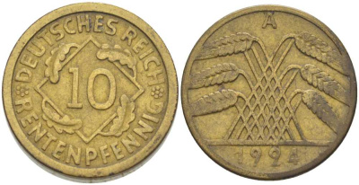 ГЕРМАНИЯ 10 РЕНТЕНПФЕННИГОВ 1924 A KM 33, J.309, Weege 8 алюминиевая бронза 202-244