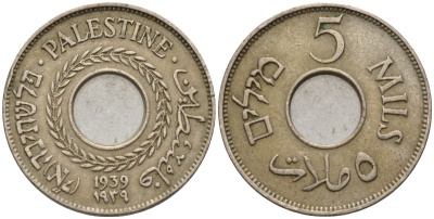 Израиль, Палестина 5 милсов 1939 британская администрация (1927-1948) KM 3 медно-никель    4154-414