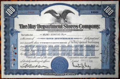США THE MAY DEPARTMENT STORES COMPANY 1938 сертификат на 100 акций 00-00