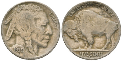 США 5 центов 1930 S, индеец, бизон KM 134 медно-никель 4614-1144