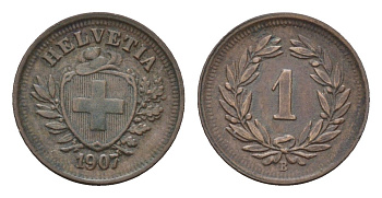 Швейцария 1 раппен 1907 KM 3 бронза 4685-1213