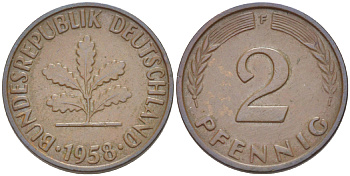 ФРГ 2 ПФЕННИГА 1958 F KM 106, J. 381 бронза 4181-716