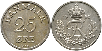 Дания 25 эре 1950 N,S, Фредерик IX (1947-1972) KM 842.1 медно-никель 28-1114