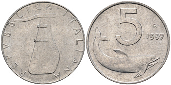 Италия 5 лир 1997 R, дельфин KM 92 алюминий  UNC  4594-637