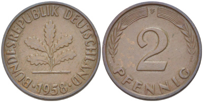 ФРГ 2 ПФЕННИГА 1958 F KM 106, J. 381 бронза 4181-716