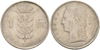 Бельгия 1 франк 1954 BELGIQUE KM 142.1 медно-никель 4592-534