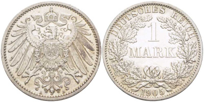 Германия 1 марка 1905 А Weege 18, J. 17, KM 14 серебро 210-555
