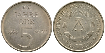 ГДР 5 марок 1969 А, 20 лет ГДР KM 22.1, J. 1524 никель бронза 4110-434