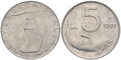 Италия 5 лир 1997 R, дельфин KM 92 алюминий  UNC  4594-637