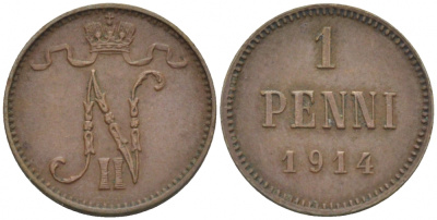 Россия для Финляндии 1 пенни 1914 Николай II (1894-1917) KM 13, Биткин 474 медь 261-1111