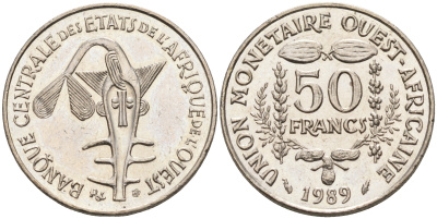 Валютное сообщество стран Западной Африки 50 франков 1989  KM 6 медно-никель  UNC  4595-735