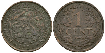 Нидерланды 1 цент 1937 Вильгельмина (1890-1948) KM 152 бронза 4576-1129
