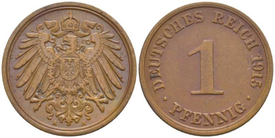 ГЕРМАНИЯ 1 ПФЕННИГ 1915 A KM 10, J. 10, Weege 2 медь 206-445