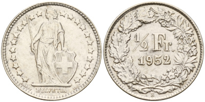 Швейцария 1/2 франка 1952 В  KM 23  серебро    4160-369