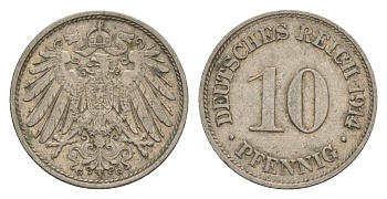 Германия 10 пфеннигов 1914 G, Вильгельм II (1888-1918) KM 12, J. 13 медно-никель 4640-334