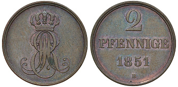 Ганновер 2 пфеннига 1851 B, Эрнст Август (1837-1851) KM 202.1, AKS 124, J. 75 медь 72-442