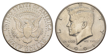 США 1/2 доллара (50 центов) 1991 D, Джон Кеннеди KM A202b медь плакированная медно-никелем aUNC 4367-1034