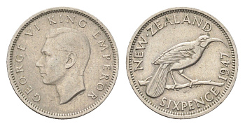 Новая Зеландия 6 пенсов 1947 Георг VI (1936-1952), год-тип KM 8a медно-никель 4659-945