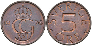 Швеция 5 эре 1976 Карл XVI Густав (1973- ) KM 849 бронза 4585-328