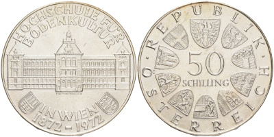 Австрия 50 шиллингов 1972 100 лет образования Сельскохозяйственного института KM 2914 серебро aUNC 4557-323