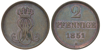 Ганновер 2 пфеннига 1851 B, Эрнст Август (1837-1851) KM 202.1, AKS 124, J. 75 медь 72-442
