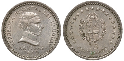 Уругвай 25 сентесимо 1960 KM 40 медно-никель 4169-921