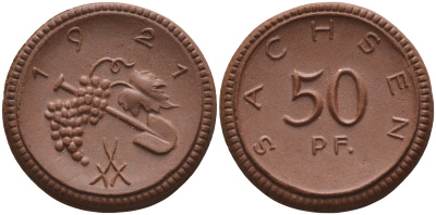 Саксония 50 пфеннигов 1921 виноград и лопата J. N 54 фарфор 1094-6-84