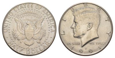 США 1/2 доллара (50 центов) 1991 D, Джон Кеннеди KM A202b медь плакированная медно-никелем aUNC 4367-1034